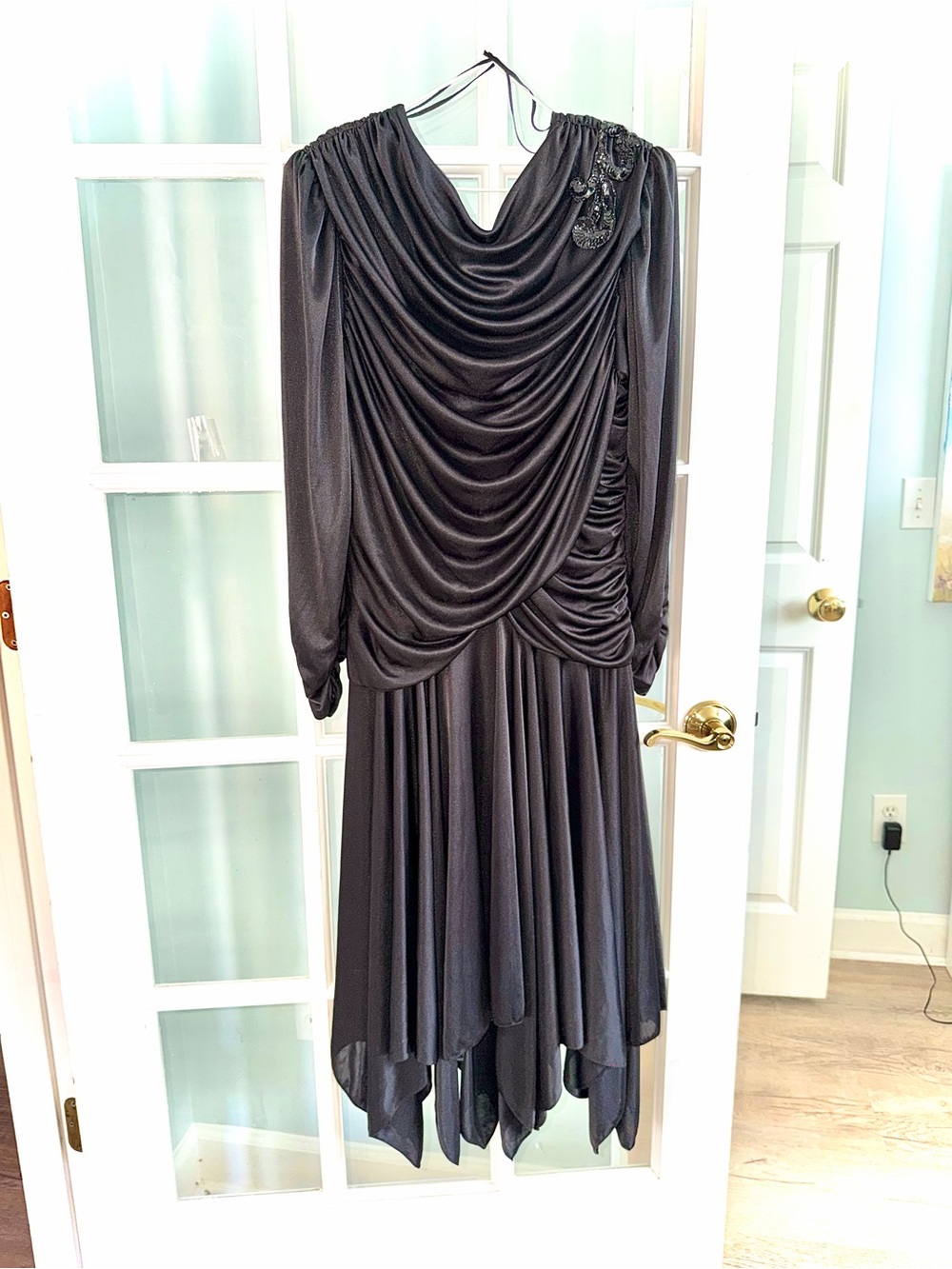 VTG 90s David Rose Black Draped Ruched Long Sleeve Asymmetric Dress 12 Flapper